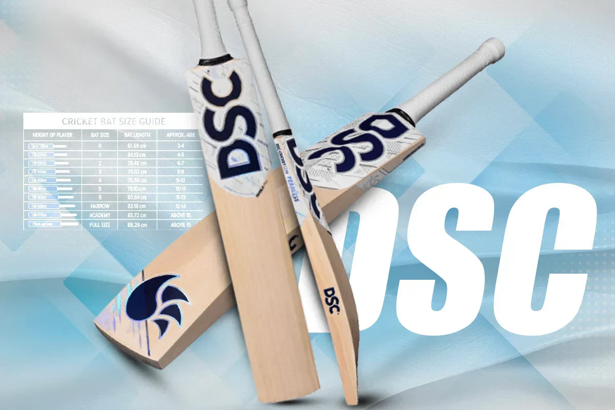 DSC English willow cricket bat with sizing chart