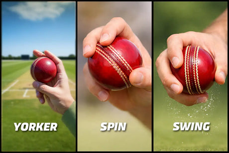 Bowler delivering a cricket ball, demonstrating bowling variations such as yorker, spin, and swing