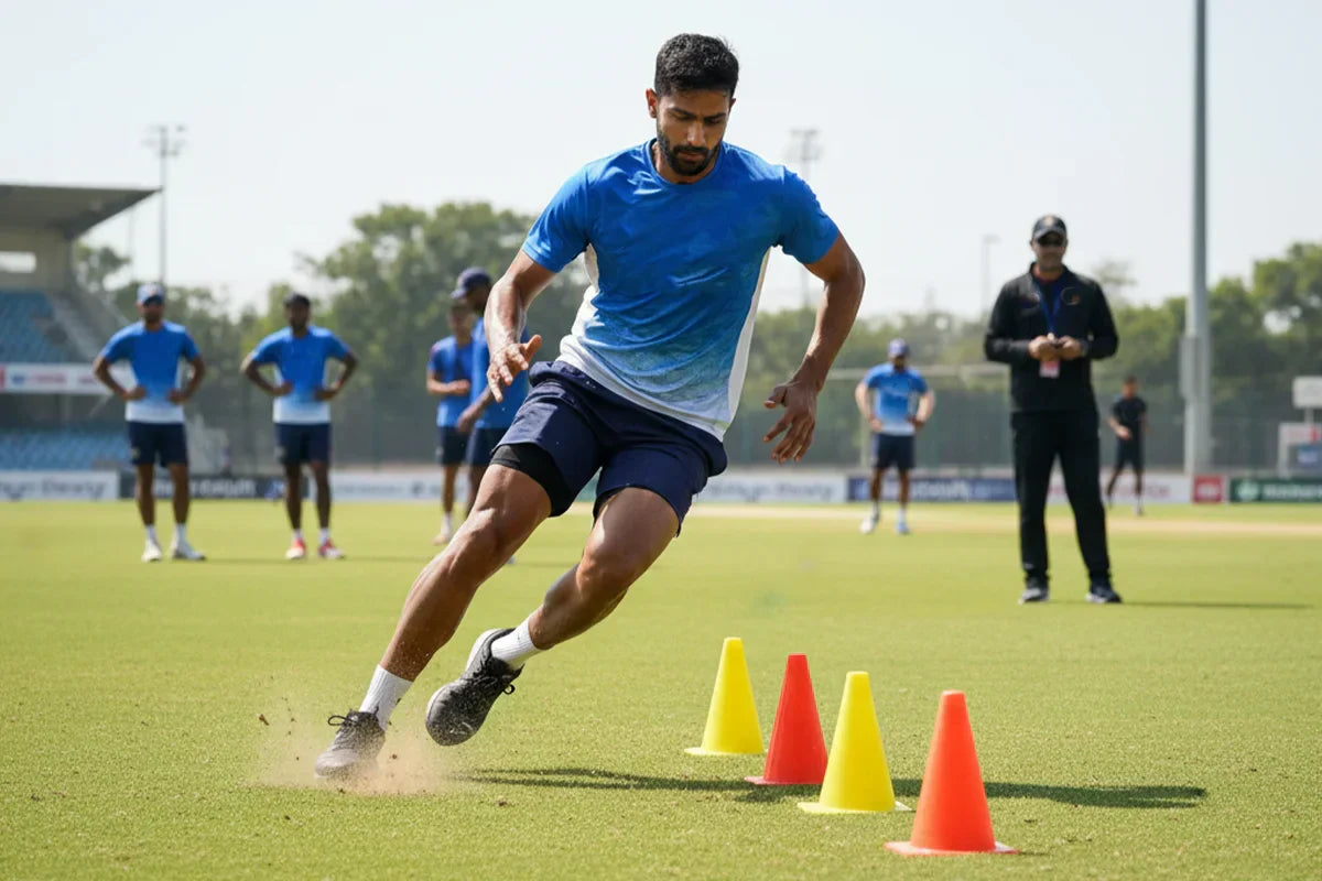 Cricket player performing agility cone drill during fitness training to improve endurance, strength, and speed