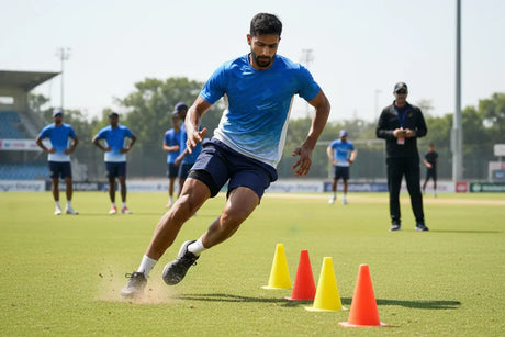 Cricket player performing agility cone drill during fitness training to improve endurance, strength, and speed