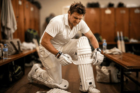 Club cricket player struggling to fit a batting pad before a match, representing common cricket gear buying mistakes made by club players