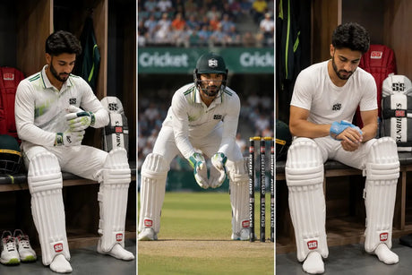 Cricket wicketkeeper wearing full protective gear, preparing in the locker room and keeping behind the stumps, highlighting a cricket wicket keeping safety checklist for injury prevention