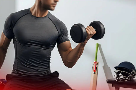 Cricket player doing strength training exercise showing the connection between cricket and health