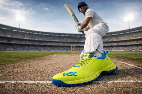 A cricket player batting on the pitch wearing bright yellow DSC cricket shoes, highlighting grip, comfort, and performance in a stadium setting