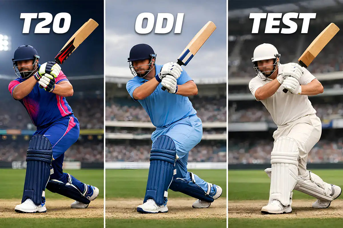 Comparison of T20, ODI, and Test cricket players demonstrating cricket gear for different formats