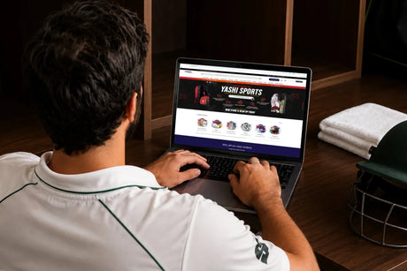 A cricketer shopping for cricket equipment online through the Yashi Sports website, a reliable online cricket sports store serving Canada and the USA