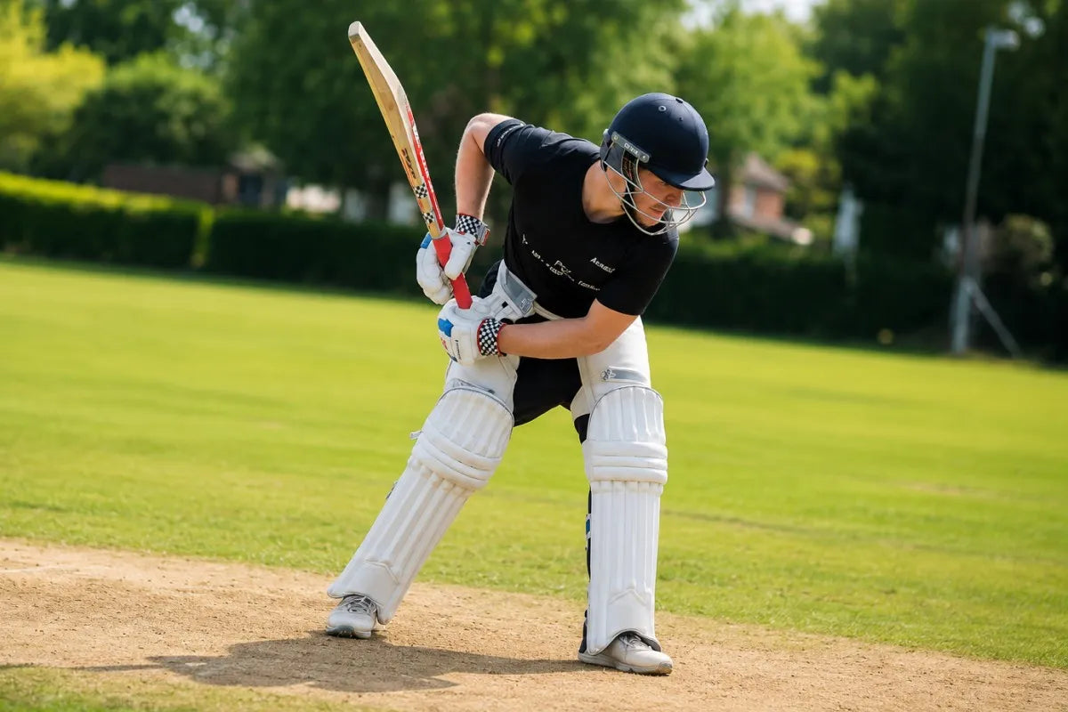 Cricketer demonstrating correct batting footwork and balance while playing a front-foot defensive shot on a cricket pitch