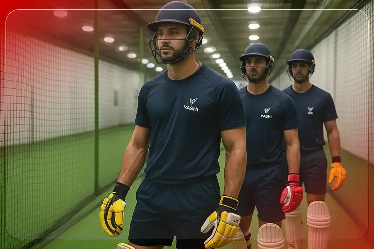 Players wearing indoor cricket gear during training session