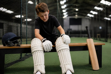 Junior cricketer feeling frustrated while wearing ill-fitting cricket pads, representing common junior cricket gear buying mistakes