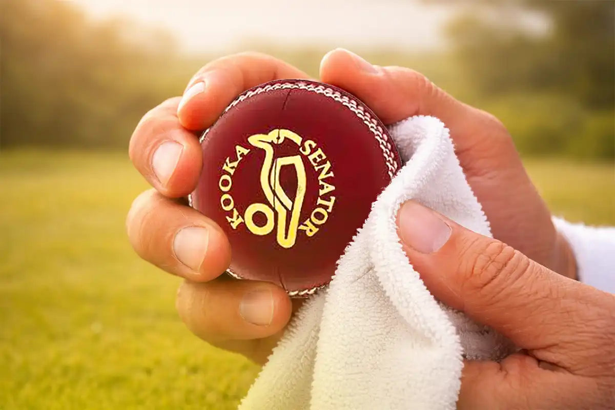 Player wiping a leather cricket ball to preserve shine and performance