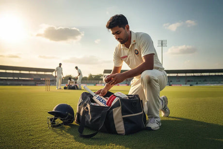 A player carefully storing their cricket gear in a bag after a match, showing post-match cricket gear care