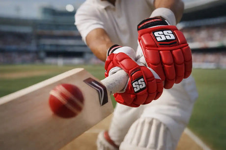 Close-up of a cricket player wearing red SS batting gloves, striking a red ball with a bat on a cricket field, highlighting grip, control, and protective padding