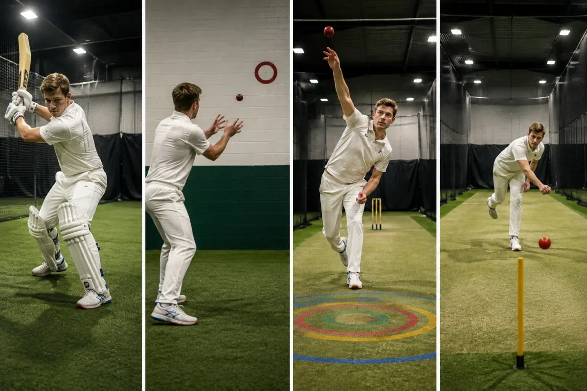 A player doing various solo cricket practice drills