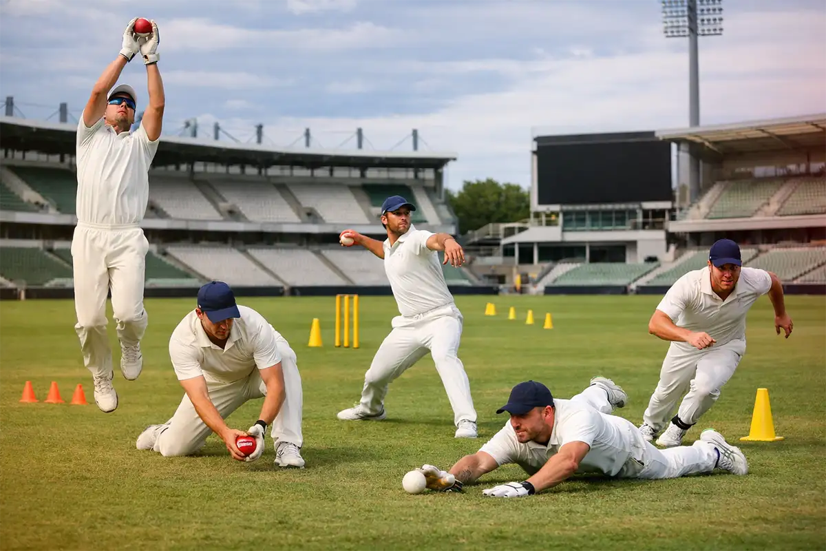 Cricket players demonstrating five essential fielding techniques on a stadium field