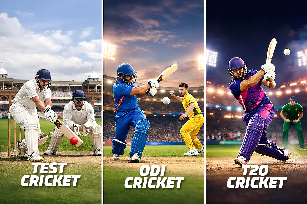 Comparison of Test, ODI, and T20 cricket formats showing players batting in different match styles