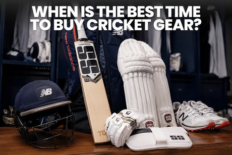 Cricket gear, including a bat, helmet, batting pads, gloves, and shoes, displayed together, representing the best time to buy cricket gear