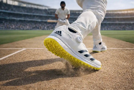 Fast bowler wearing Adidas cricket shoes delivering a ball on the cricket pitch