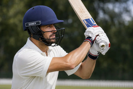 International cricketer wearing a Shrey helmet while batting